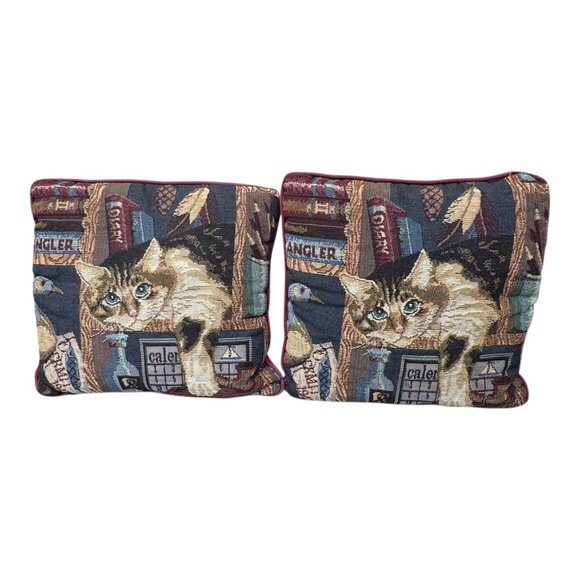Vintage Cat Tapestry Throw Pillow Set Kitten On Bookshelf Boho Y2K Granny Style - Picture 1 of 7
